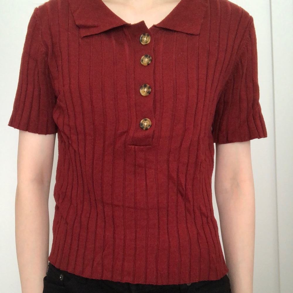 Red Ribbed Button-Up top - Picture 2 of 10